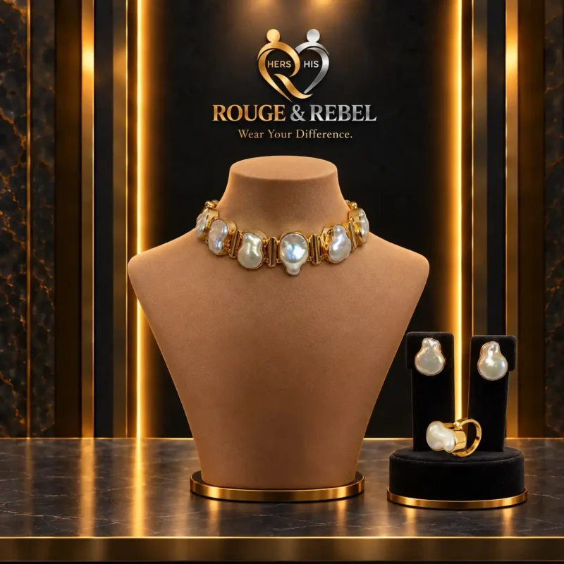 Gold tone jewelry set with irregular pearl-look stones