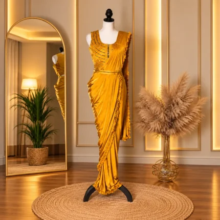 mustard gold yellow ready to wear designer saree