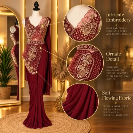 maroon gold ready to wear designer saree