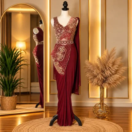 maroon gold ready to wear designer saree