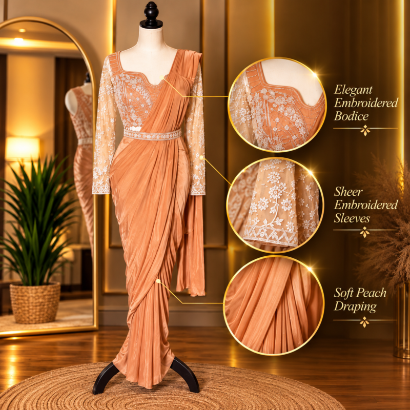 Peach designer wear ready to wear saree
