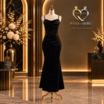 Black bodycon gown with delicate rhinestone detailing and elegant ruched bodice
