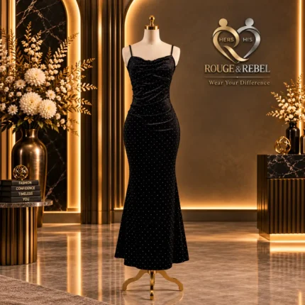 Black bodycon gown with delicate rhinestone detailing and elegant ruched bodice