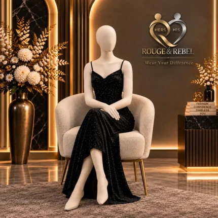 Black bodycon gown with delicate rhinestone detailing and elegant ruched bodice