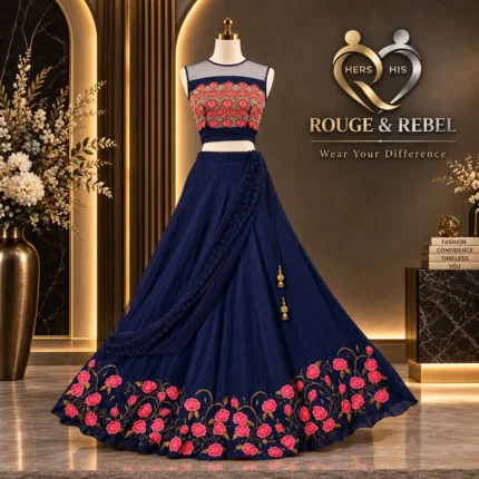 Navy blue lehenga set with vibrant pink floral embroidery,