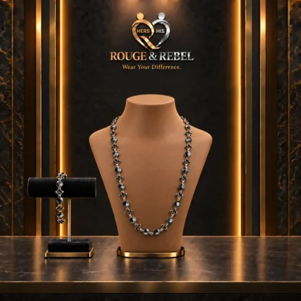 A black faceted bead necklace with silver-tone accents and a matching bracelet