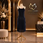 Navy blue sequin midi dress with spaghetti straps and all-over statement sequin detailing