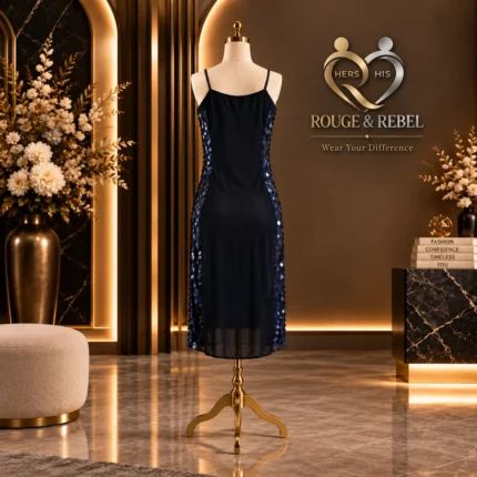 Navy blue sequin midi dress with spaghetti straps and all-over statement sequin detailing