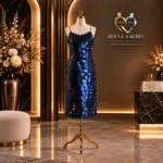 Navy blue sequin midi dress with spaghetti straps and all-over statement sequin detailing