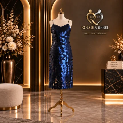 Navy blue sequin midi dress with spaghetti straps and all-over statement sequin detailing