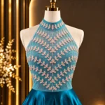 Teal blue high-low satin gown