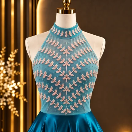 Teal blue high-low satin gown