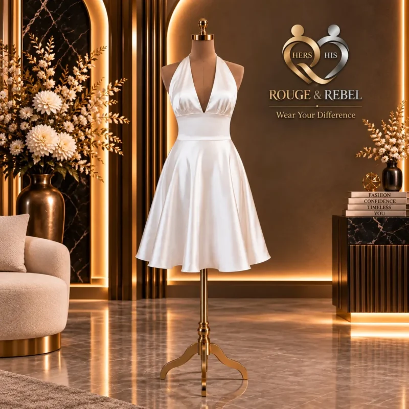 White satin halter-neck mini dress with deep V-neckline and flared silhouette