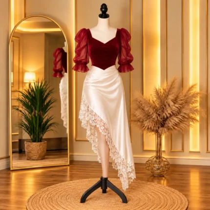 maroon velvet top and white satin skirt