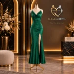 Emerald green satin floor-length gown with cowl neckline, ruched detailing and thigh-high slit